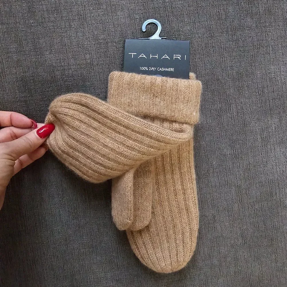 Tahari Women's Burlap Heather Ribbed Knit Cashmere Mittens Size OS